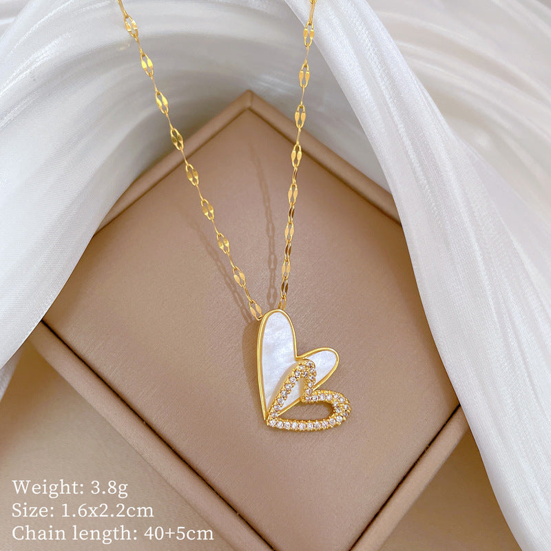 Elegant Hollow-Out Heart Pendant Necklace for Women Stainless Steel Double Layer Delicate Collarbone Chain with Rhinestone Accents