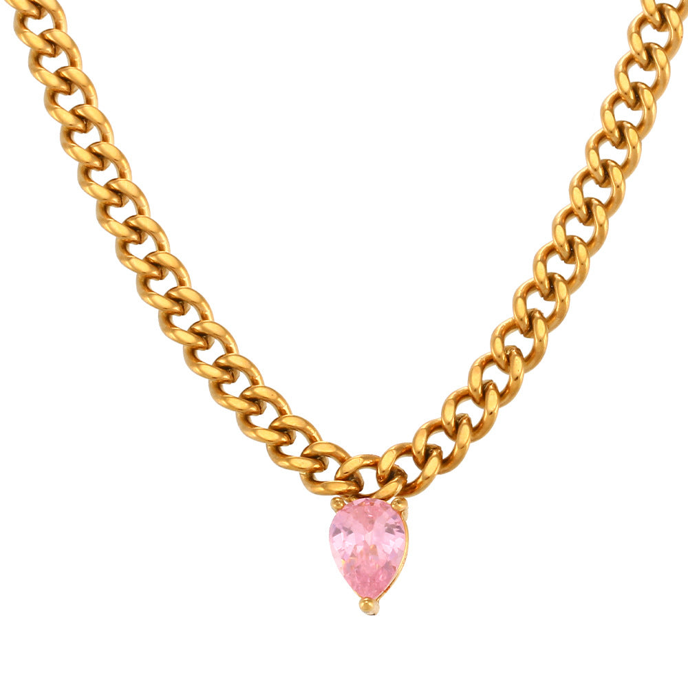Fashionable Geometric Cubic Zirconia Pendant Necklace for Women on Stainless Steel Cuban Chain with Plated Finish
