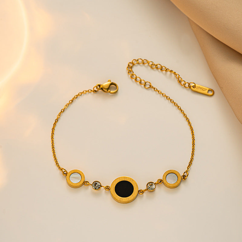 Minimalist Luxury Titanium Steel Roman Numeral Bracelet for Women with Rhinestone Inlay
