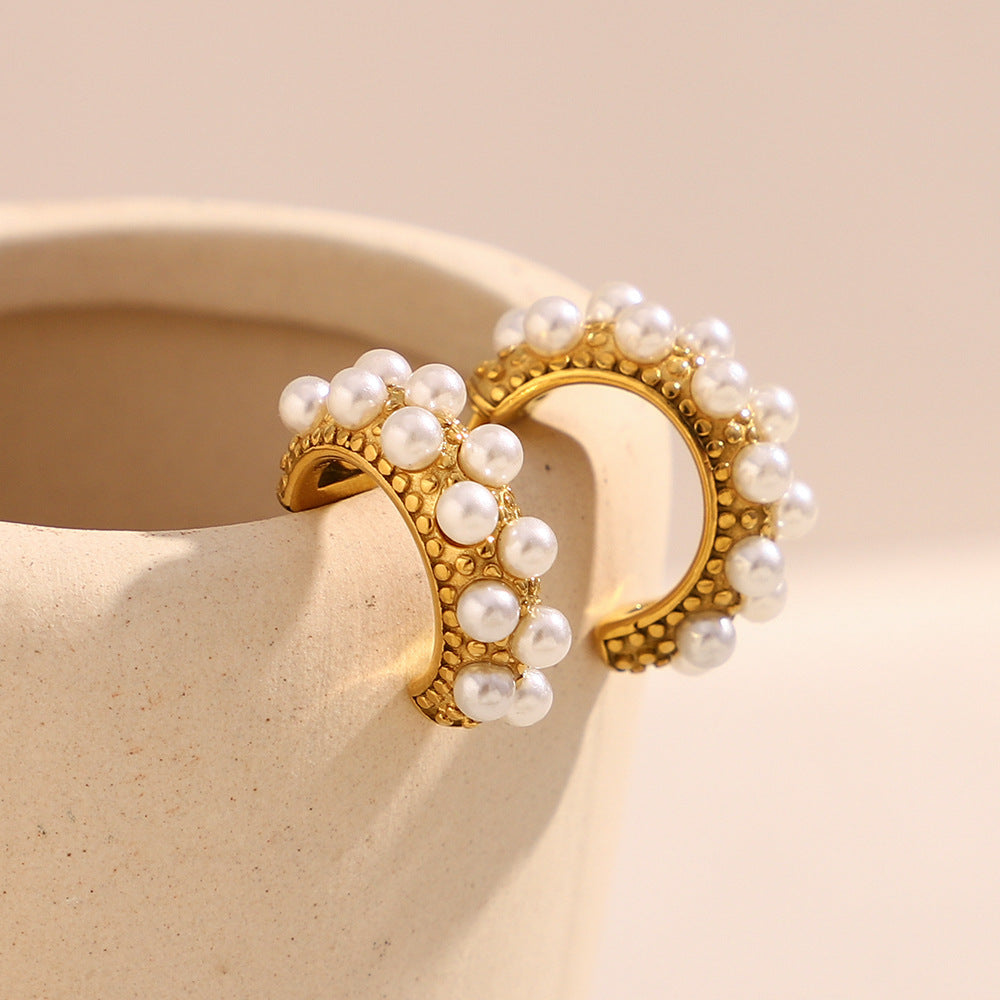 Minimalist Geometric C-Shaped Stainless Steel Earrings with 18K Gold Plating and Simulated Pearl Accents