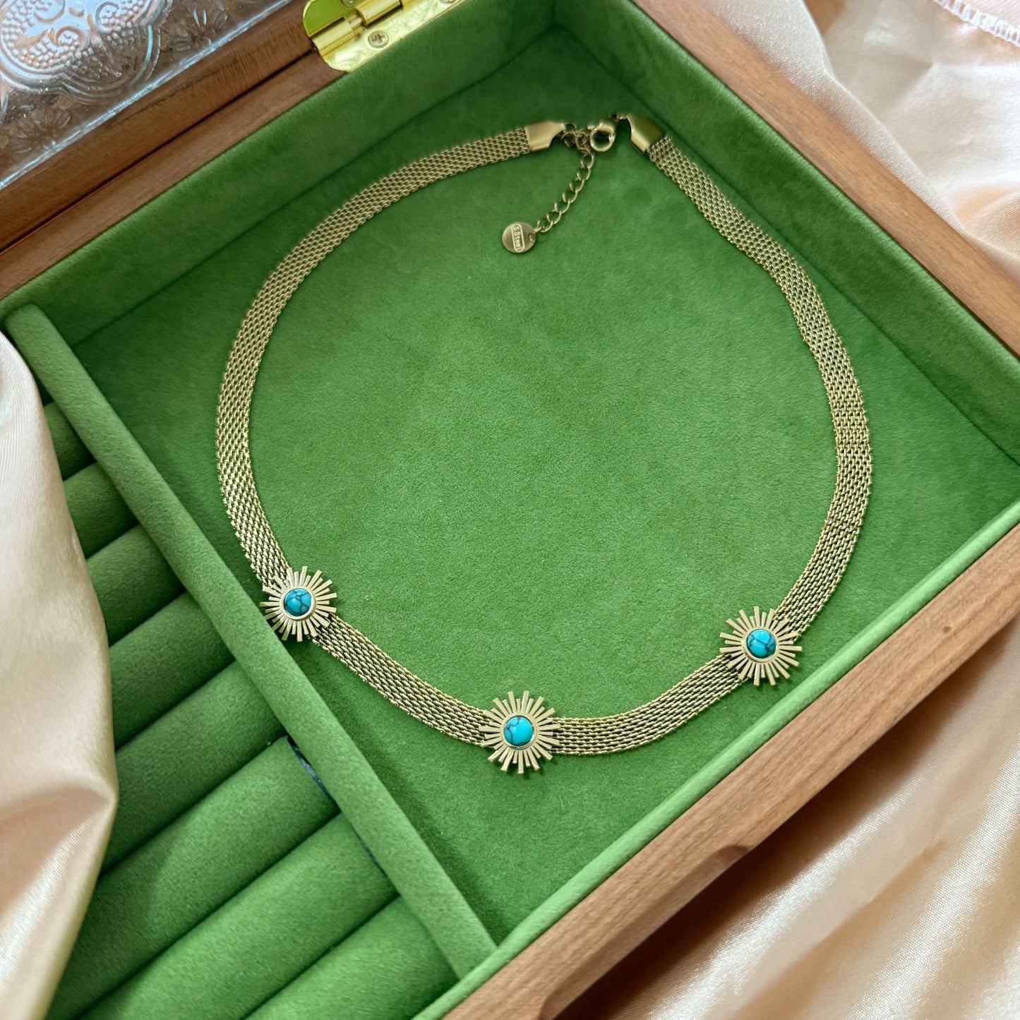 Gold Plated Titanium Steel Geometric Sunflower Necklace with Turquoise Inlay for Unisex