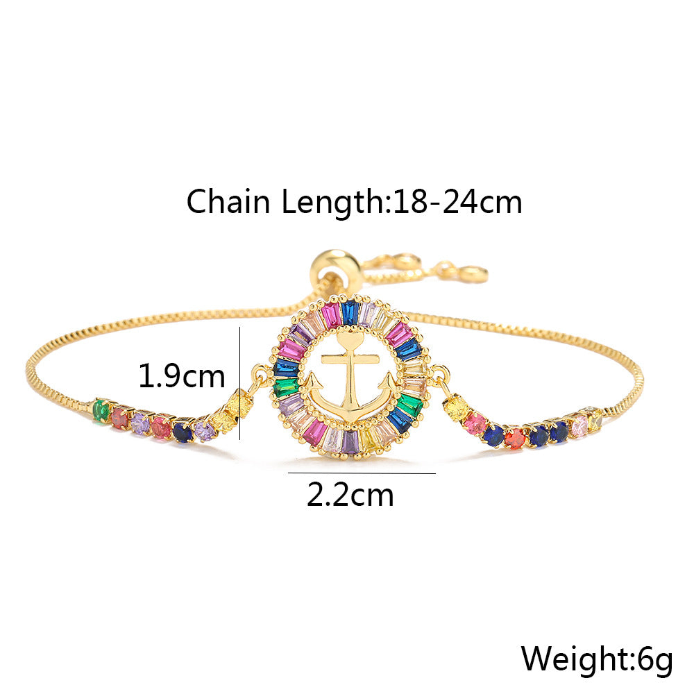 INS Style Geometric T-Shaped Cubic Zirconia Bracelet for Women Adjustable Drawstring Brass with 18K Gold Plating