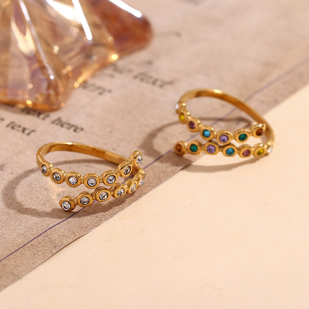 Creative Geometric Stainless Steel Ring with 18K Gold Plating and Micro-Pavé Rhinestones for Women