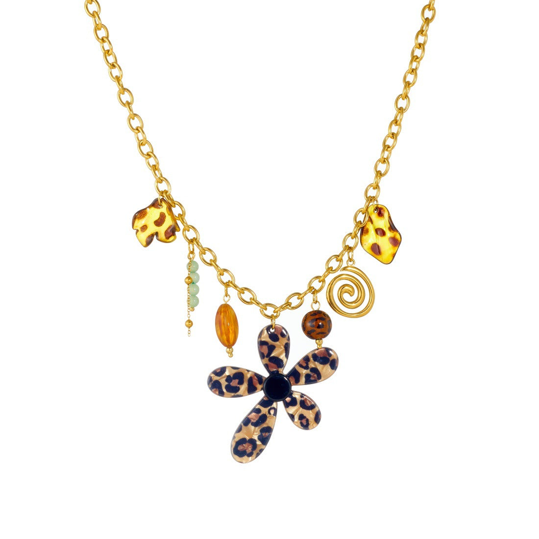 Vintage Leopard Print Floral Acrylic and Stainless Steel Gold Plated Tassel Necklace for Women