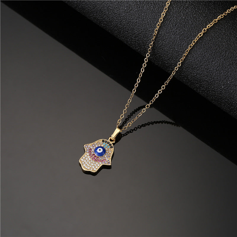 Minimalist Hand-shaped Pendant Necklace for Women in Copper with 18K Gold Plating and Enamel Finish, Set with Cubic Zirconia on O-Chain