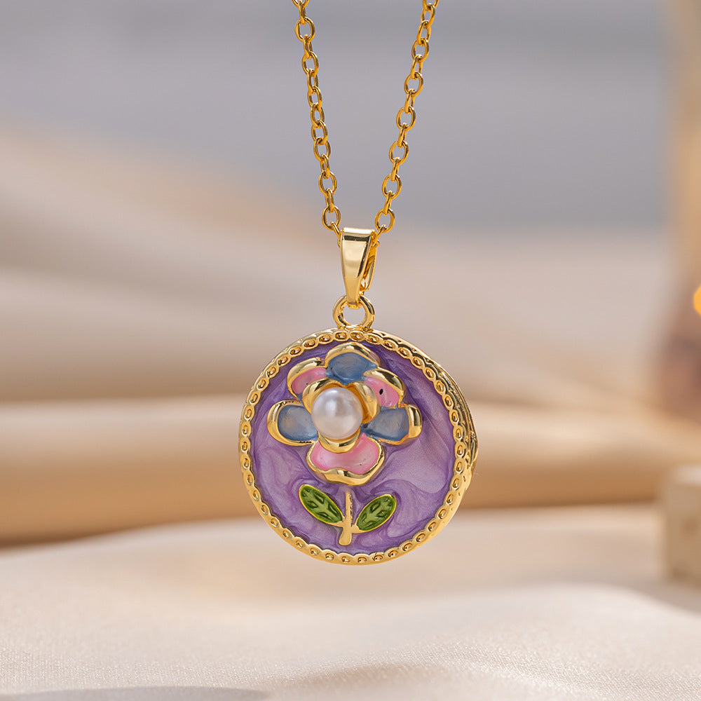 Minimalist Floral Pendant Necklace in Titanium Steel with Enamel Finish, Tulip and Camellia Design, O-Chain, Women's Lightweight Luxury Jewelry