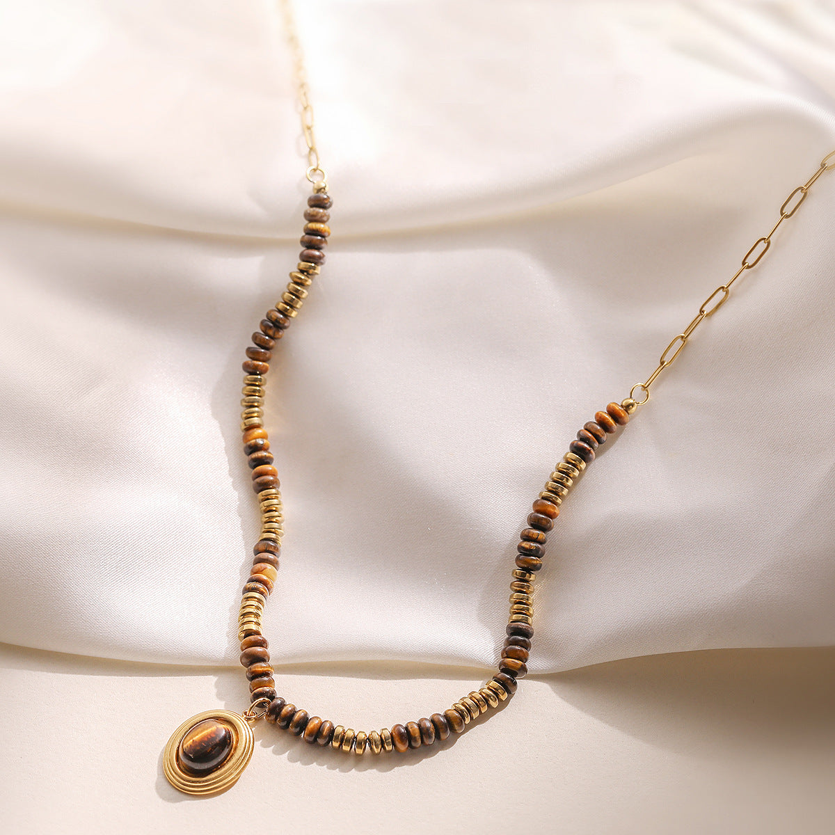 Minimalist Geometric Tiger Eye Beaded Double Layer Necklace in Stainless Steel for Women
