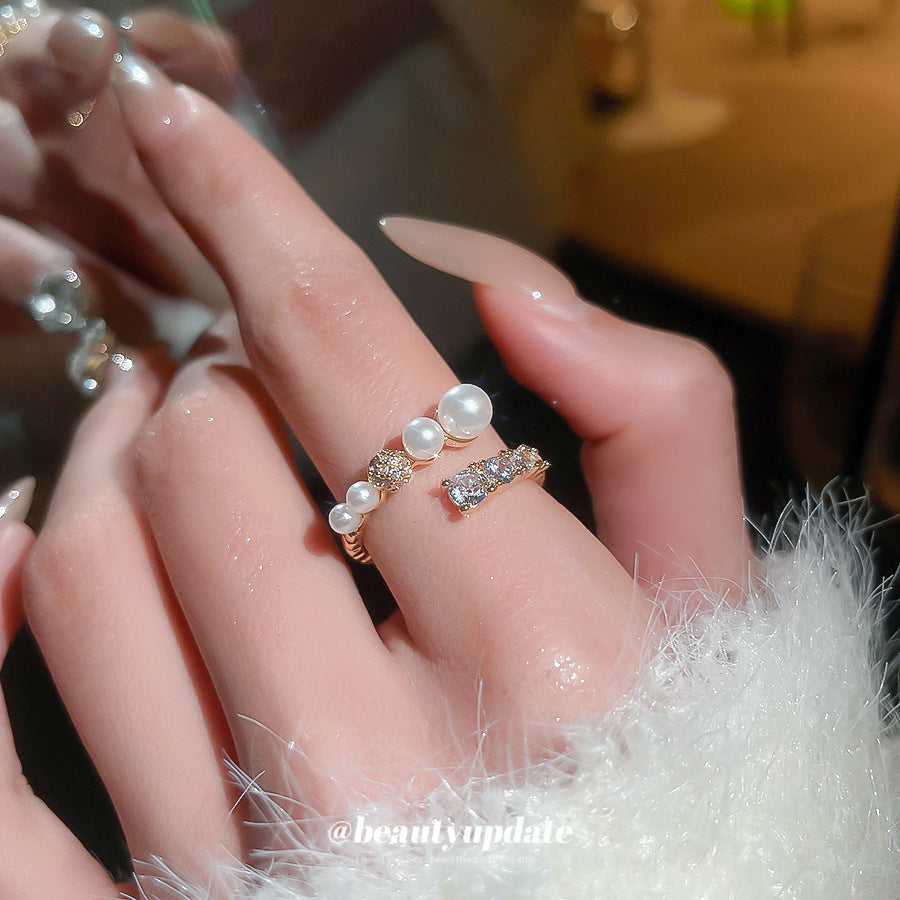 Anillo de Perlas Geométrico Minimalista Elegante con Incrustaciones de Circones para Mujer, Accesorio de Moda de Lujo para Uso Diario