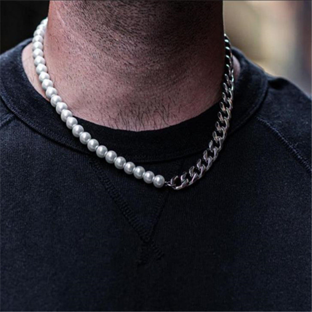 Geometric Titanium Steel Cuban Link Box Chain Necklace with Pearl Unisex