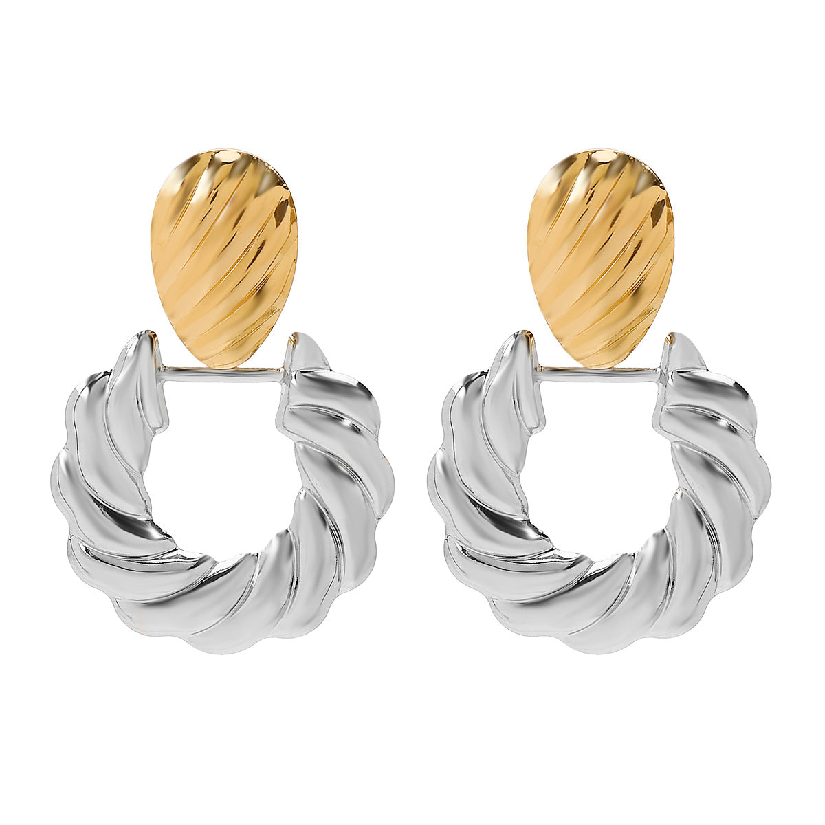 Aretes minimalistas geométricos de aleación de dos tonos para mujer con acabado galvanizado y superficie texturizada