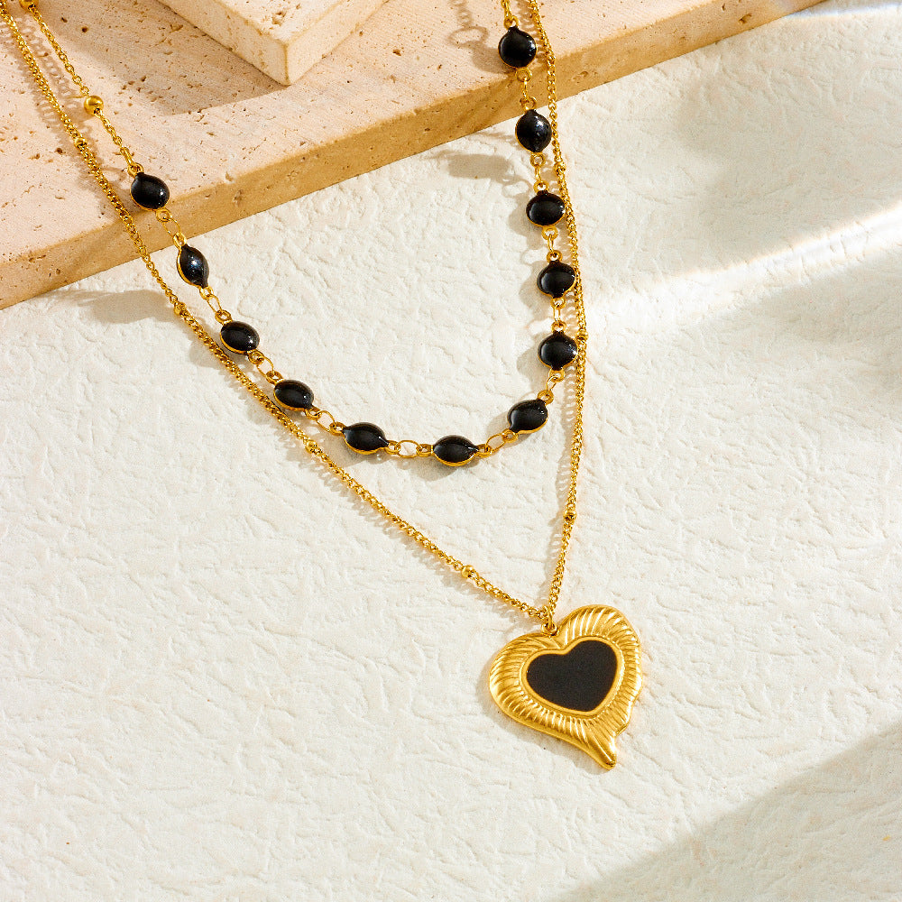 Fashion Black Drip Oil Heart Moon Round Stainless Steel Plated Double Layer Necklace for Women