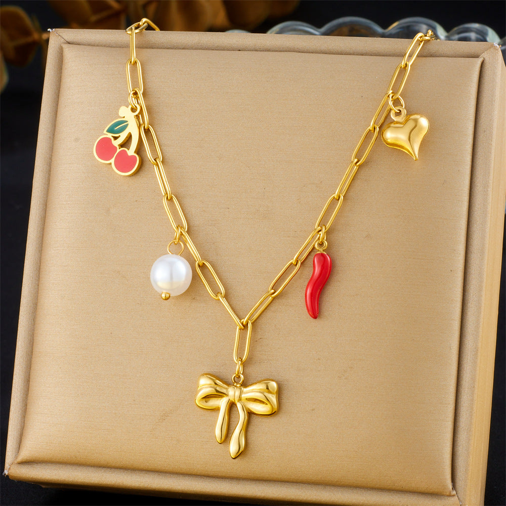 Vintage Elegant Heart Bow Cross Floral Stainless Steel Plated Necklace for Women