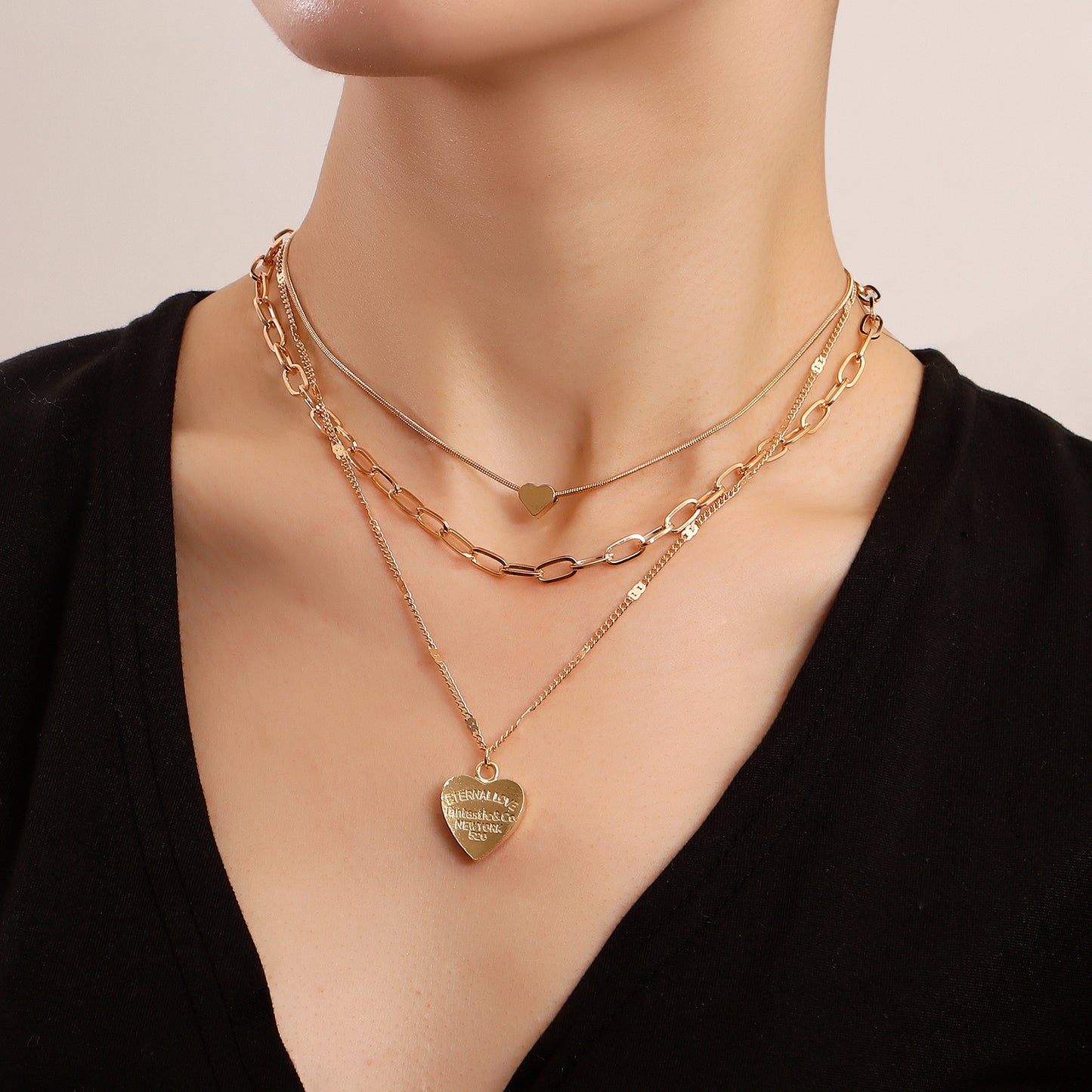 Minimalist Heart-Shaped Alloy Pendant Necklace with Gold Plating for Women, Snake Chain Design