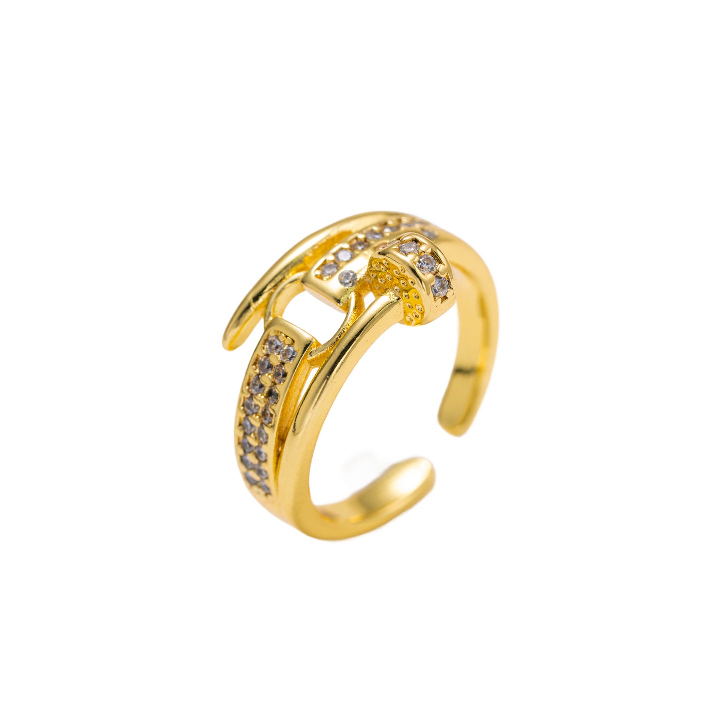 Anillo abierto de lujo ligero minimalista con baño de oro de 18 quilates, letra geométrica y circonita con remache para mujer