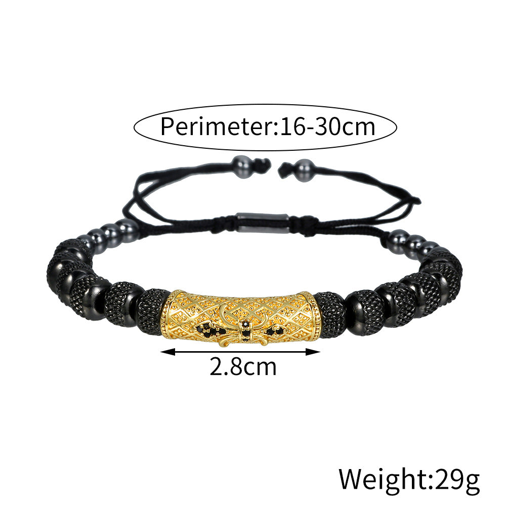 Vintage Adjustable Stainless Steel Geometric Round Bead Cubic Zirconia Curved Tube Bracelet for Men and Women