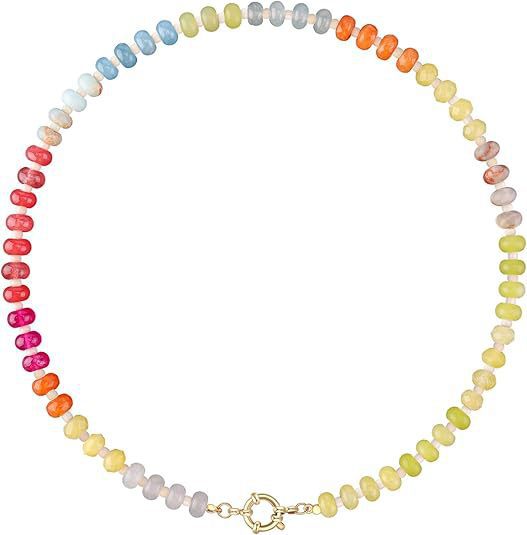 Sweet 8mm Natural Stone Bead Necklace Stainless Steel Geometric Round Ball Chain for Women