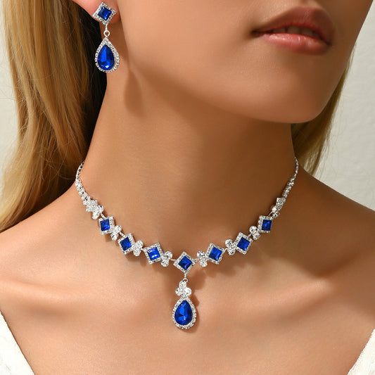 Minimalist Luxe Blue Rhinestone Square Drop Necklace and Earrings Set for Women with Geometric Design and Cubic Zirconia Inlay