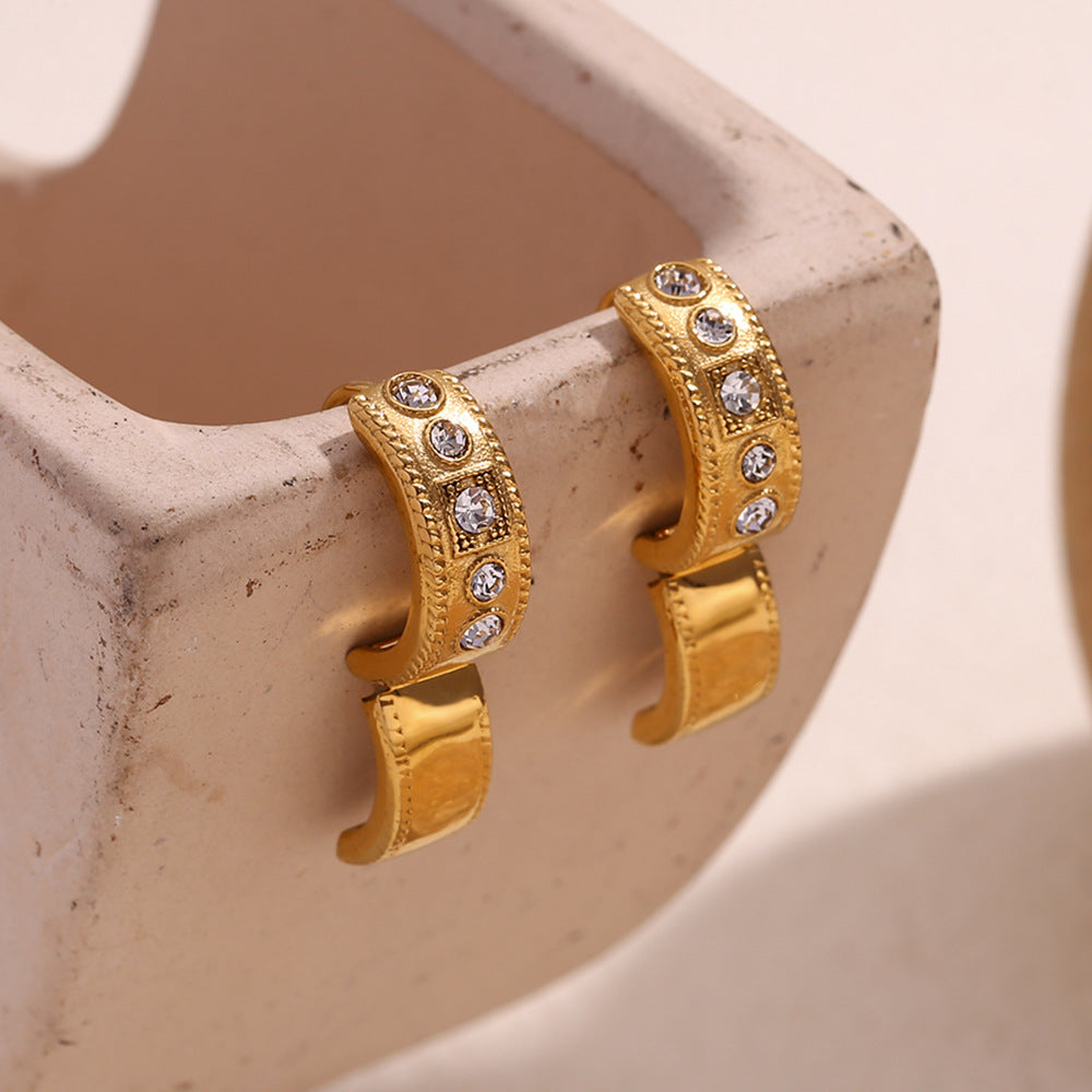 Orecchini a polsino geometrici vintage alla moda in acciaio inossidabile placcati oro 18 carati con strass, per donna