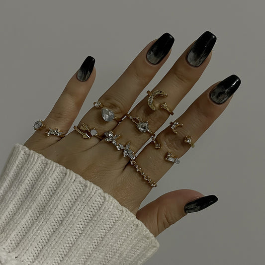 Anillo minimalista de aleación geométrica estilo francés para mujer con incrustaciones de diamantes de imitación y acabado chapado, conjunto de anillos de moda apilables