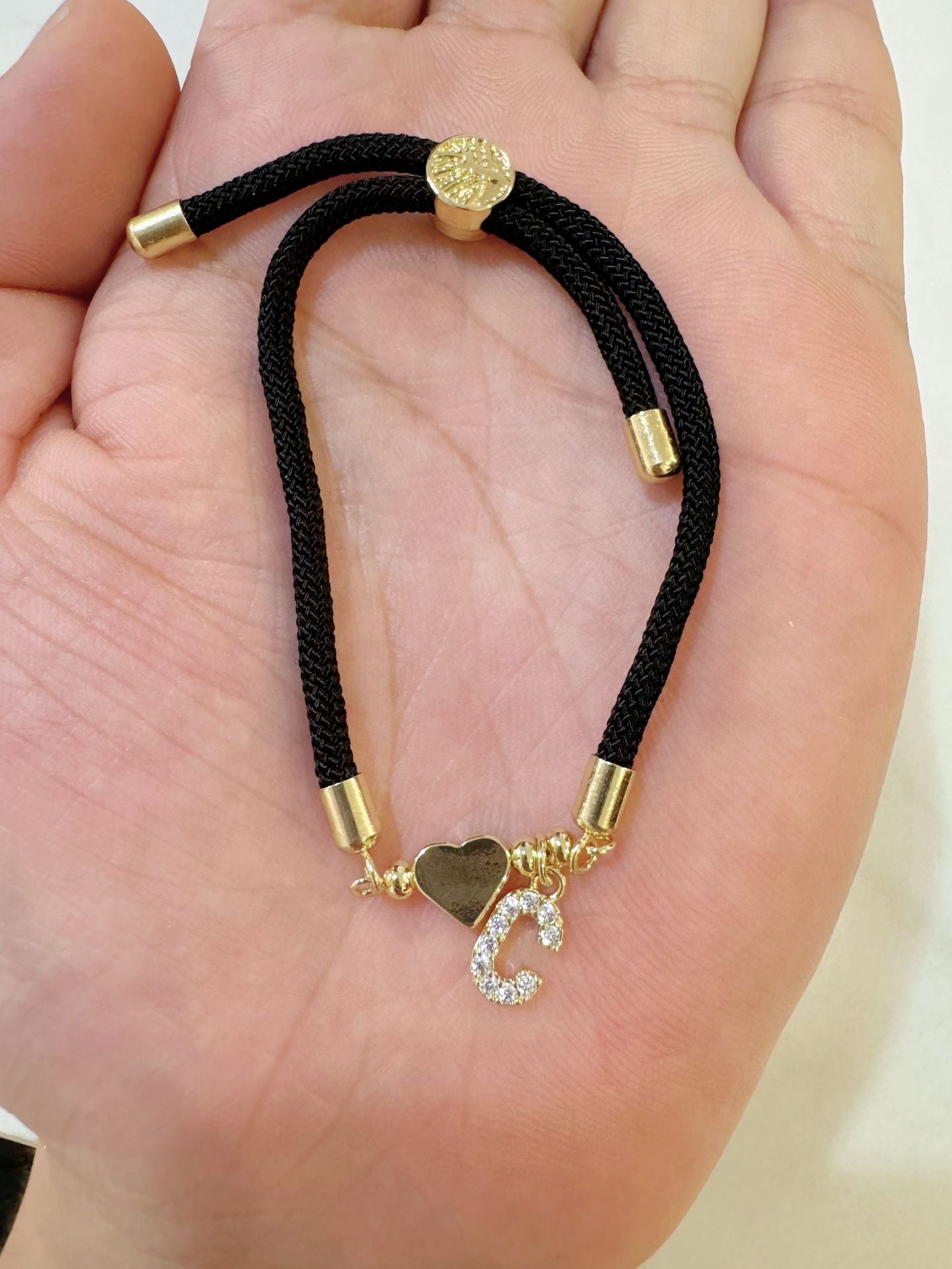 Minimalist Letter Heart Brass Plated Cubic Zirconia Bracelet with Adjustable Black Cord for Women