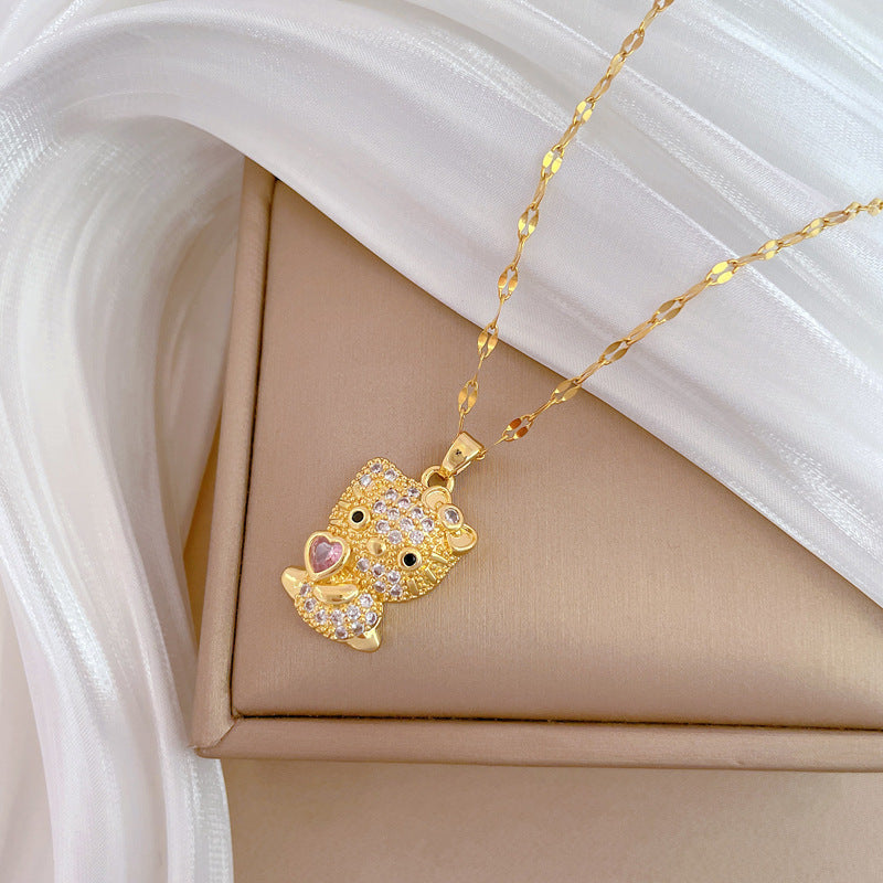 Collana Pendente Gatto Lusso Dolce Geometrico Strass in Acciaio al Titanio Unisex