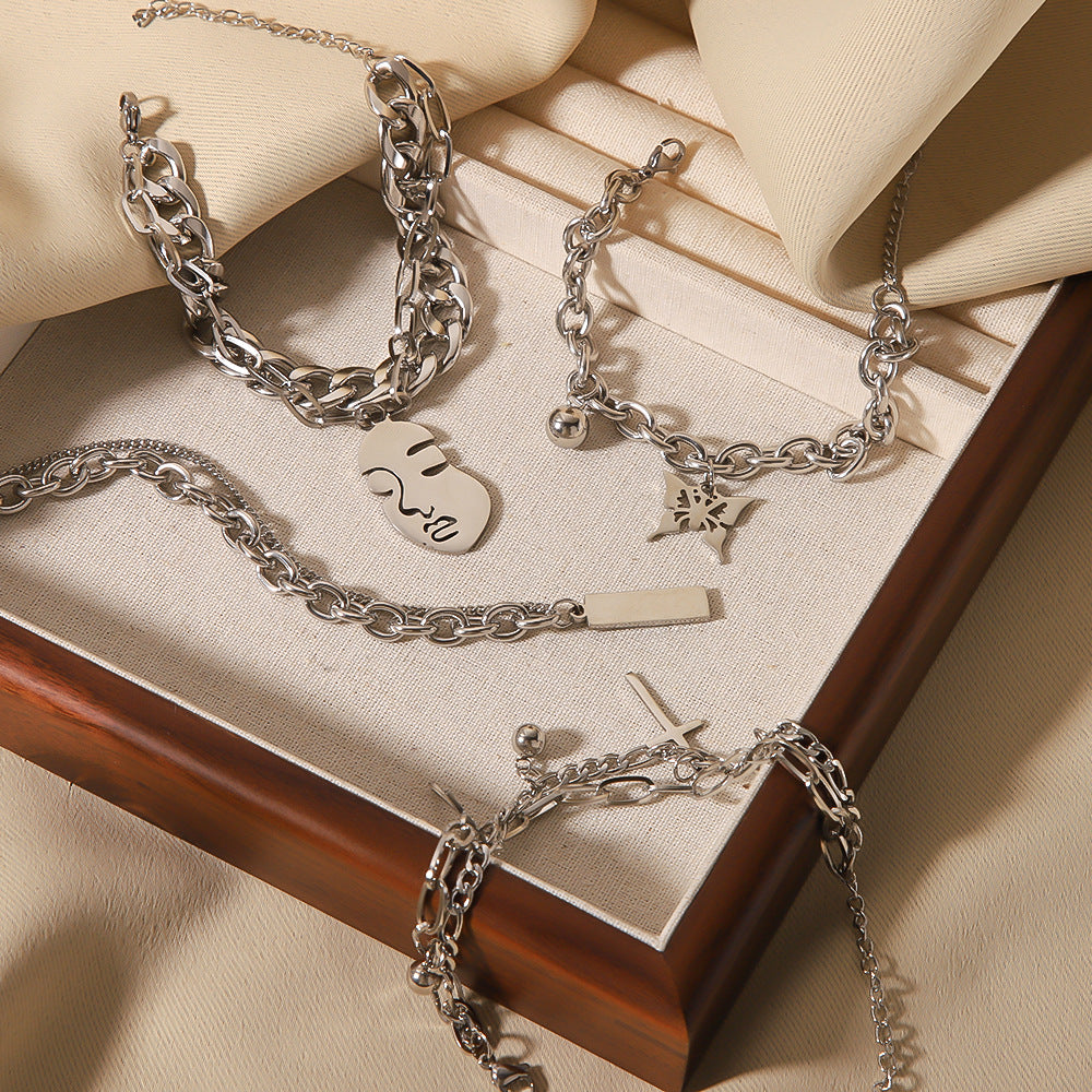 INS Style Butterfly and Cross Pendant Stainless Steel Multi-Layer Cuban Bracelet with Gold Plating for Unisex