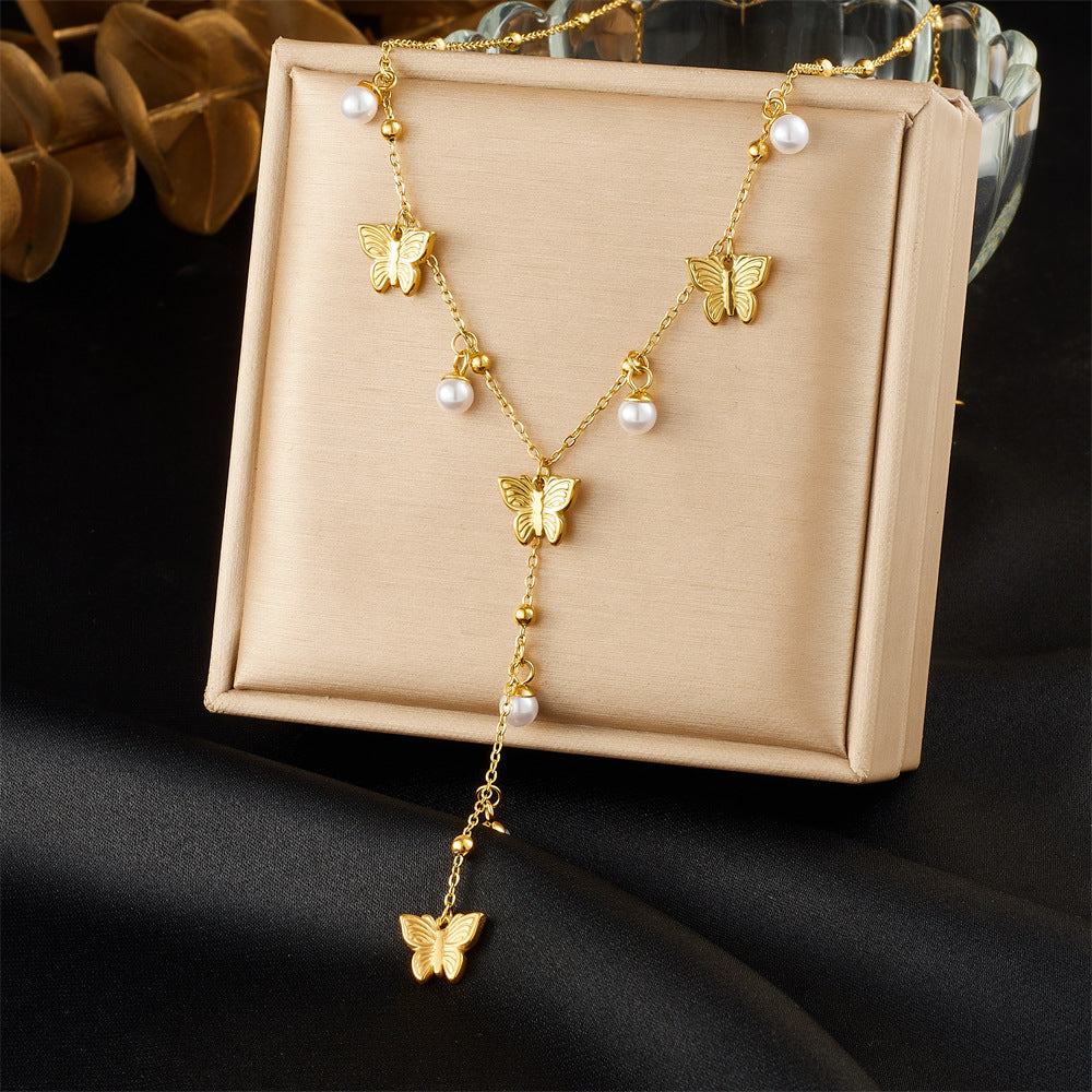 Elegant Gold Plated Stainless Steel Y-Chain Necklace with Rhinestone Floral and Star Charms