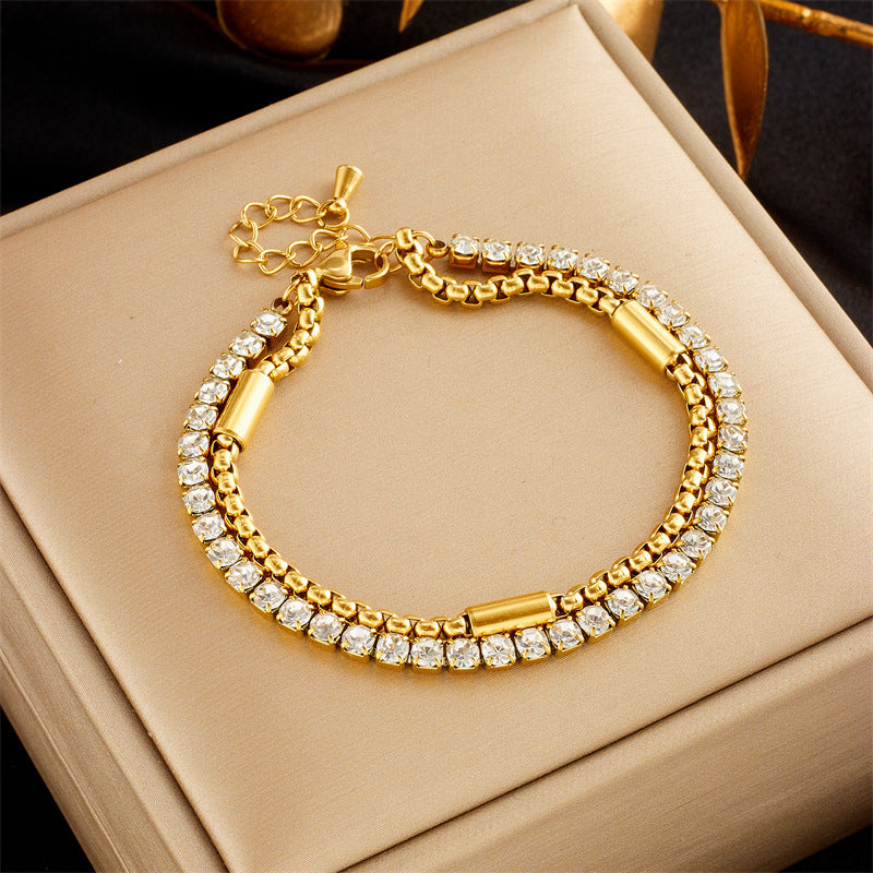 Punk Style Creative Hip Hop Handcrafted Rhinestone-Embellished Titanium Steel Multi-Layer Stackable Bracelet for Women