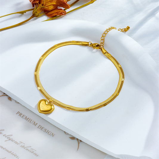 Cavigliera minimalista vintage a doppio strato in acciaio al titanio a forma di cuore con lettere incise