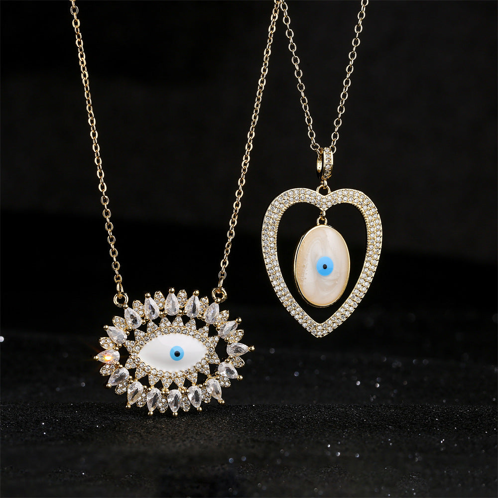 Collana da donna a sospensione geometrica minimalista in rame con placcatura in oro 18K e intarsio completo di zirconi a forma di occhio di Nazar