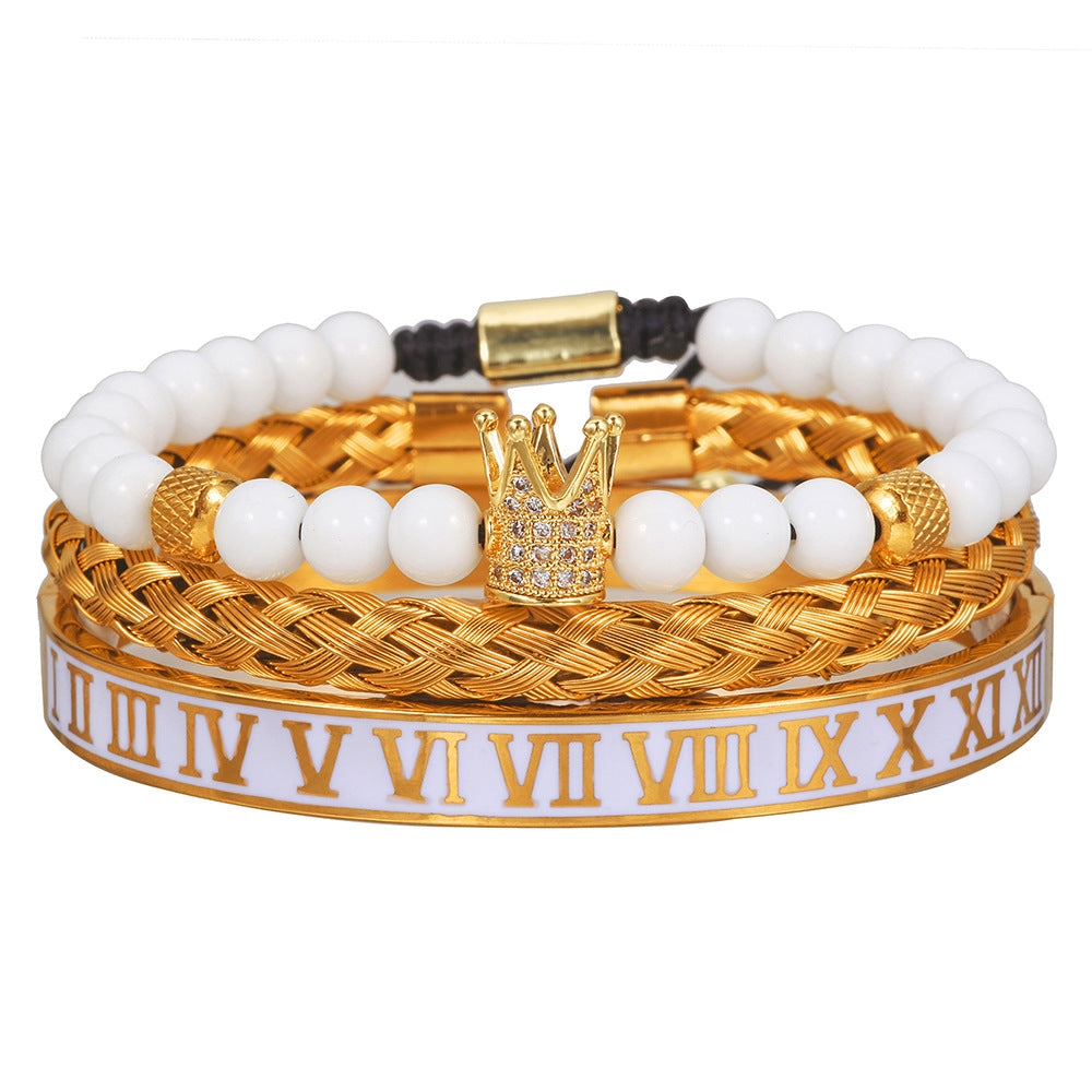 White Drip Oil Plated Stainless Steel Bracelet Set with Cubic Zirconia Skull, Leopard Head, Crown and Roman Numbers
