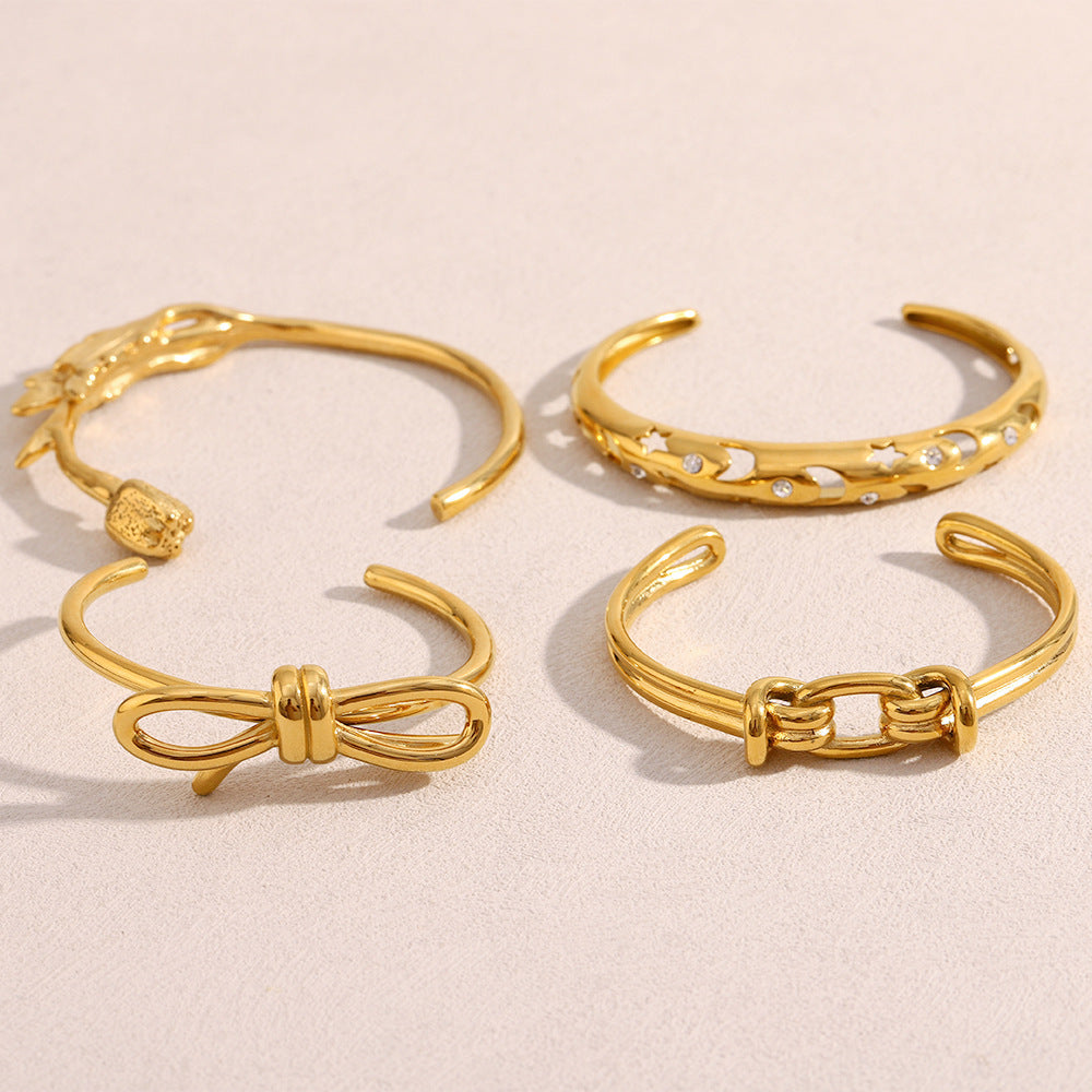 Bracciale alla moda minimalista con farfalla fiocco stella luna vuota fiore in acciaio inossidabile placcato oro 18K