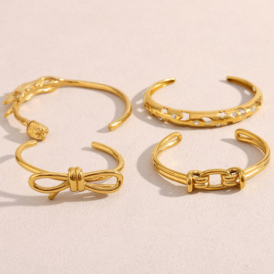 Fashionable Minimalist Butterfly Bow Star Moon Hollow Floral Stainless Steel Bracelet with 18K Gold Plating