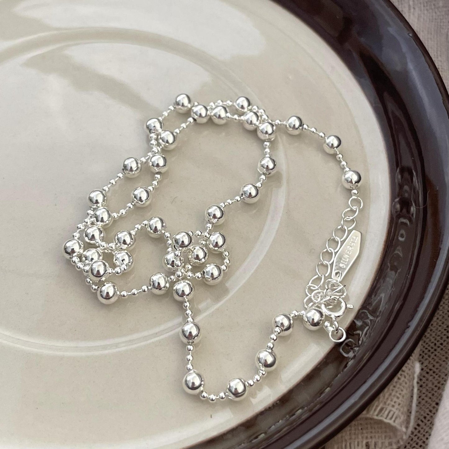 Minimalist Round Bead Necklace in 925 Sterling Silver with Gold Plating, Geometric and Doll-Inspired Pendant Design
