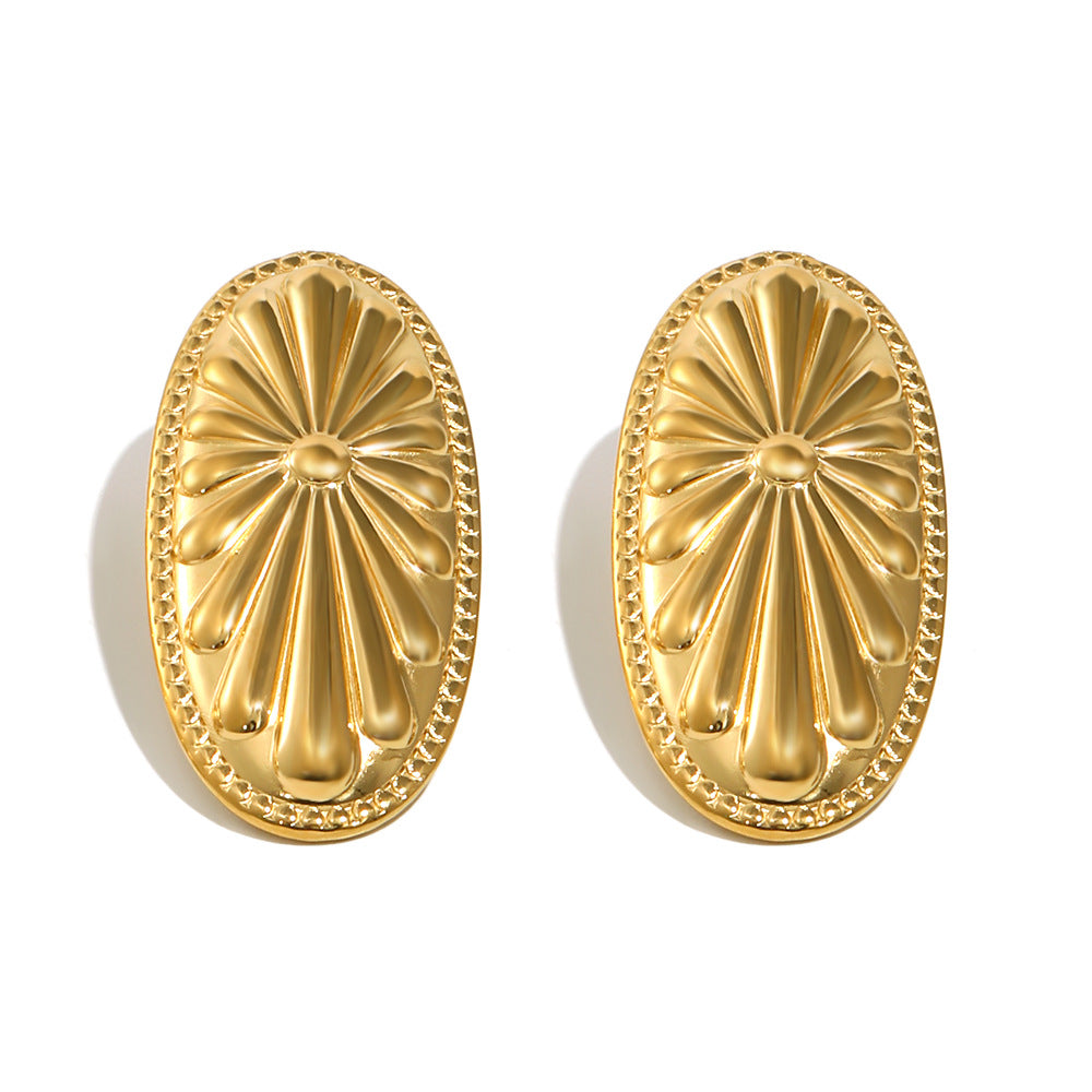 Minimalist Geometric Shield-Shaped Stainless Steel Earrings with 18K Gold Plating and Floral Radiance Detail
