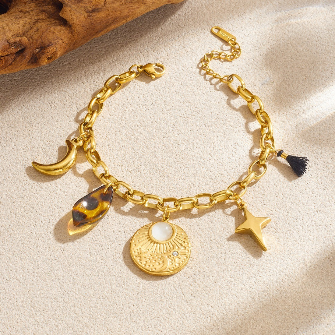 Vintage Gold Plated Star Moon Round Stainless Steel Bracelet