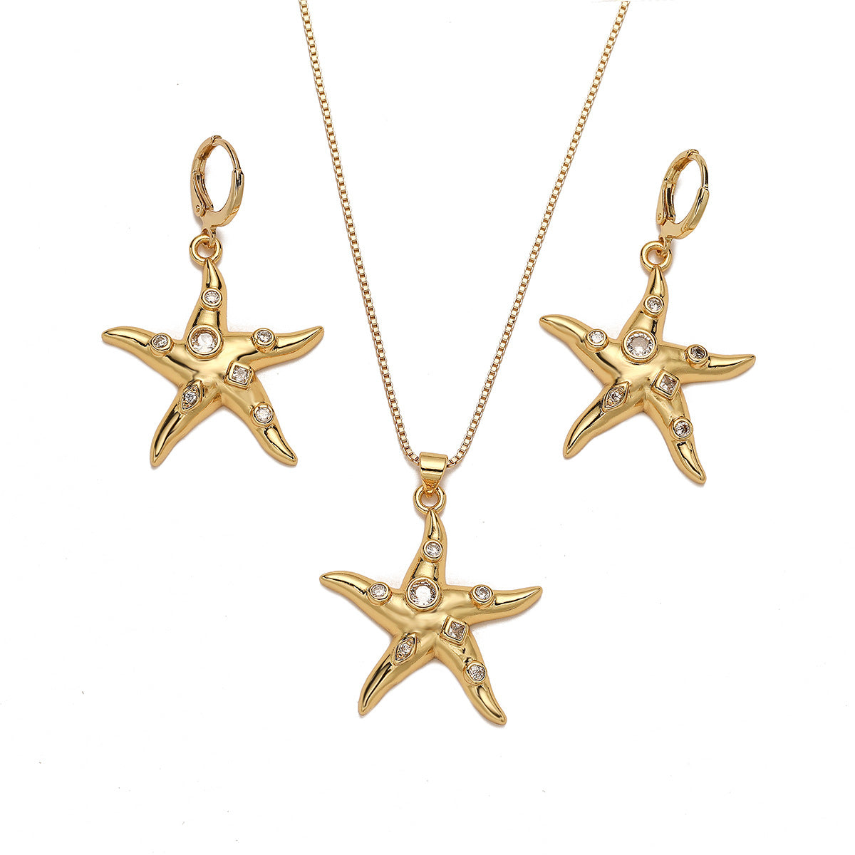 Minimalist Starfish Pendant Necklace and Earrings Set for Women in Copper with 18K Gold Plating and Micro-Paved Zirconia