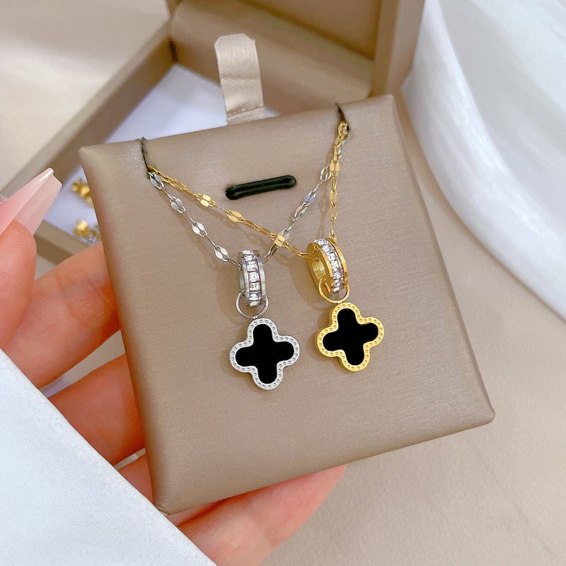 Minimalist Geometric Titanium Steel Collar Chain with Clover Pendant