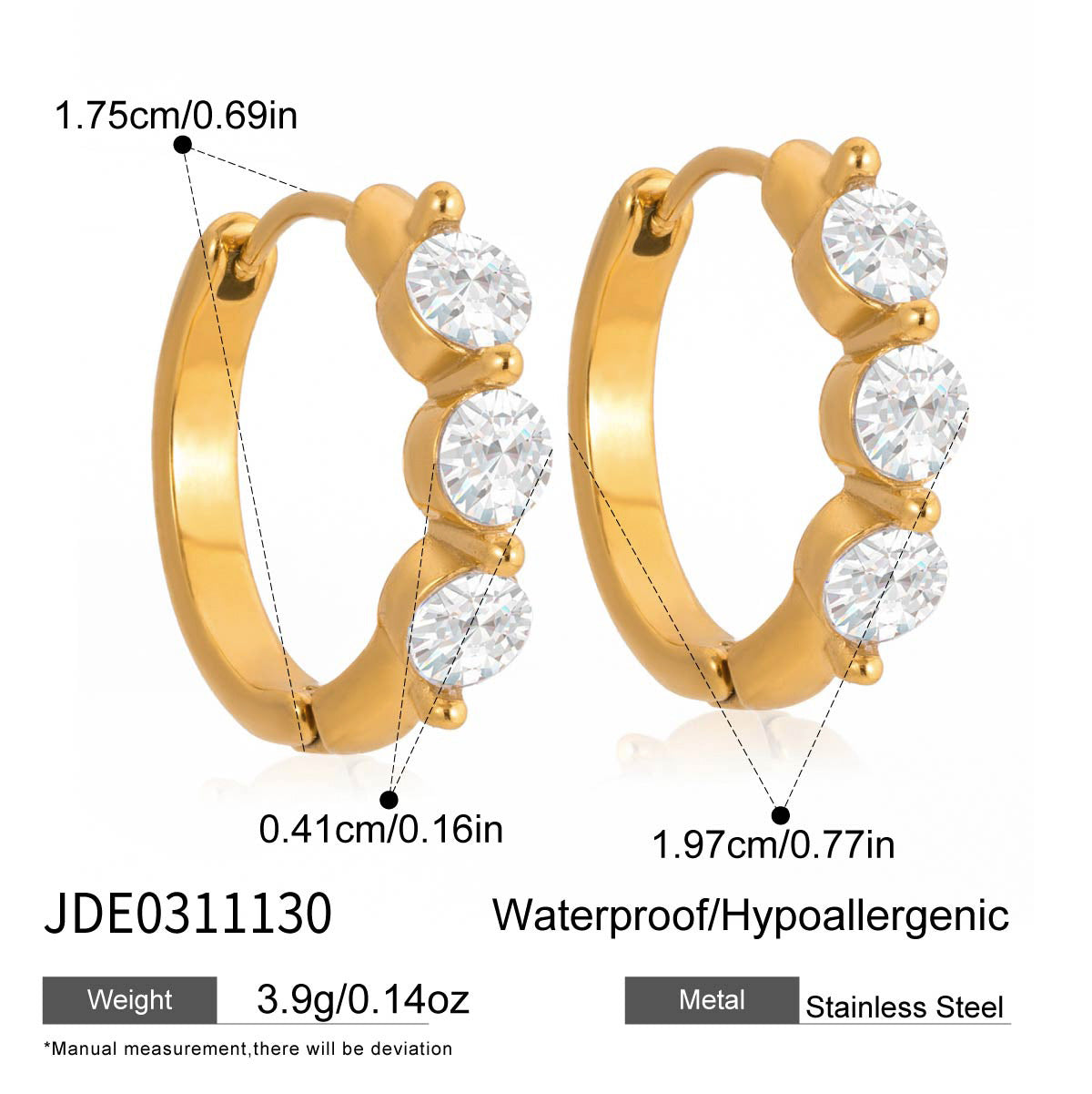 Elegant Geometric Stainless Steel Gold Plated Hoop Earrings with Cubic Zirconia for Women