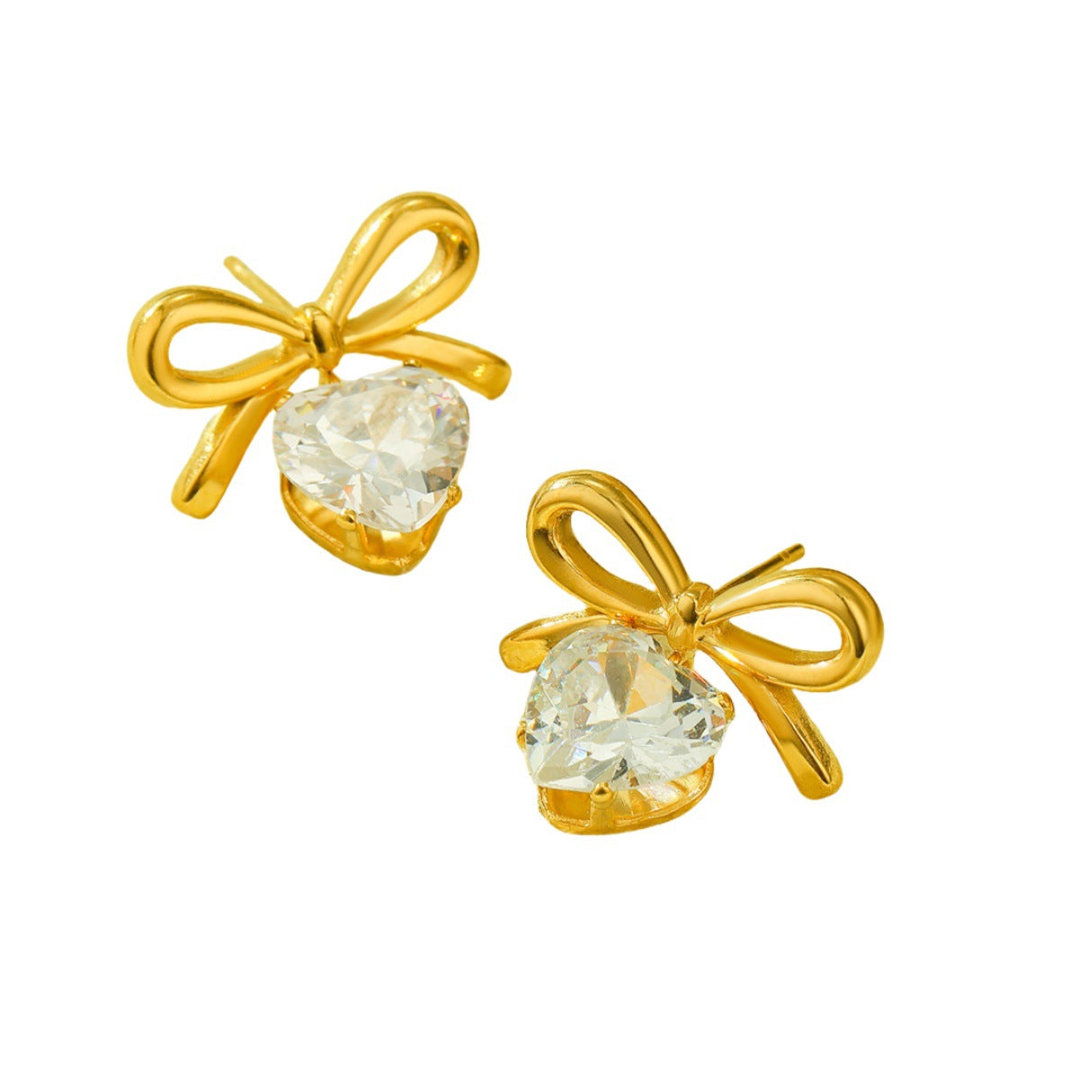 Pendientes de tuerca de acero inoxidable con forma de lazo de moda para mujer con detalles de pedrería y acabado chapado