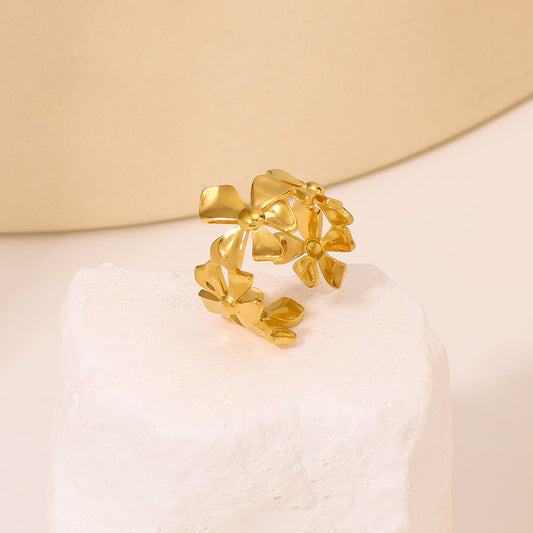 Anello regolabile in acciaio inossidabile lucido con motivo floreale minimalista e design ovale geometrico, per donna e uomo