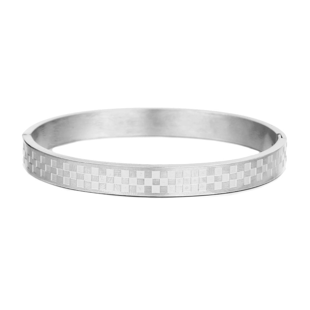 Vintage Geometric Checkered Matte Titanium Steel Open Cuff Bracelet for Men and Women