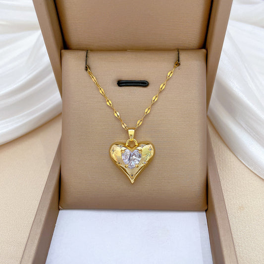 Collana Minimalista a Cuore in Acciaio al Titanio con Intarsio di Strass per Donna e Uomo, Delicata Catenina per Clavicola
