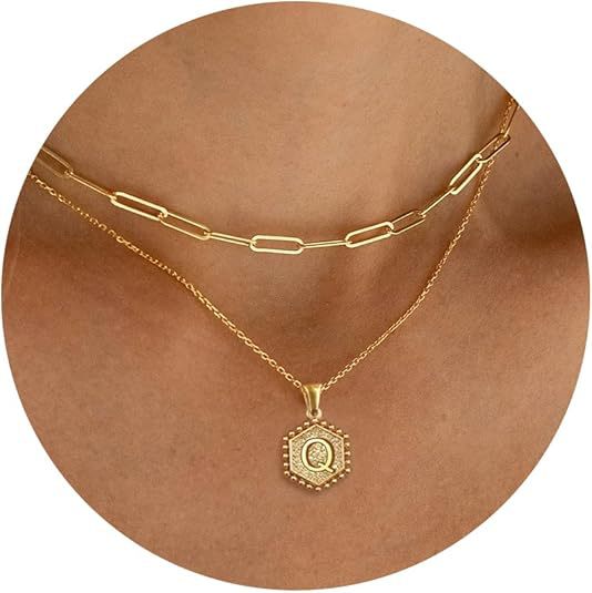Vintage 18K Gold Plated Double Layer Paperclip Chain Necklace with Stainless Steel Heart and Hexagon Letter Pendant for Women