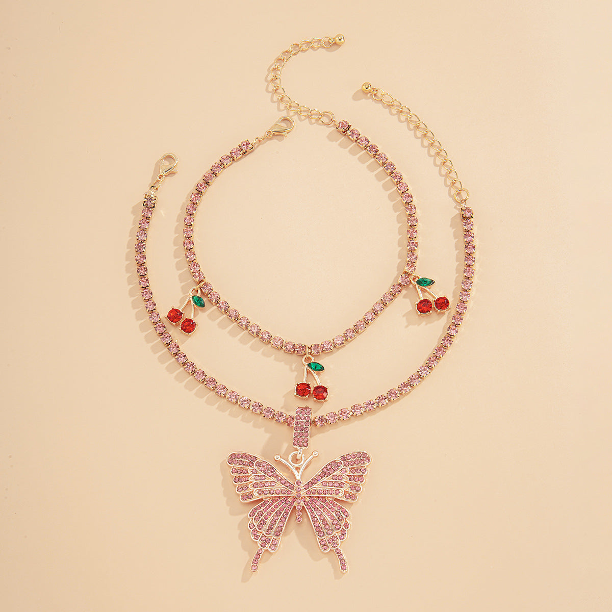 Punk Hip-hop Butterfly Rhinestone Inlay Alloy Cuban Link Chain Anklet Set for Women