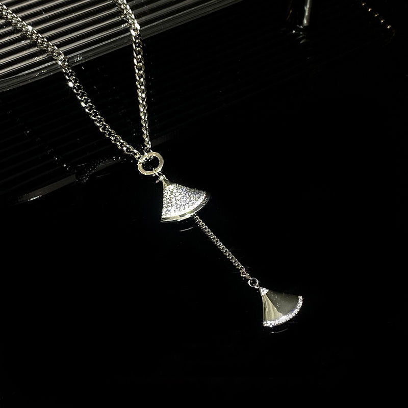 Minimalist Fan-Shaped Titanium Steel Pendant Necklace with Micro-Pavé Zirconia for Women, Electroplated Waterwave Chain