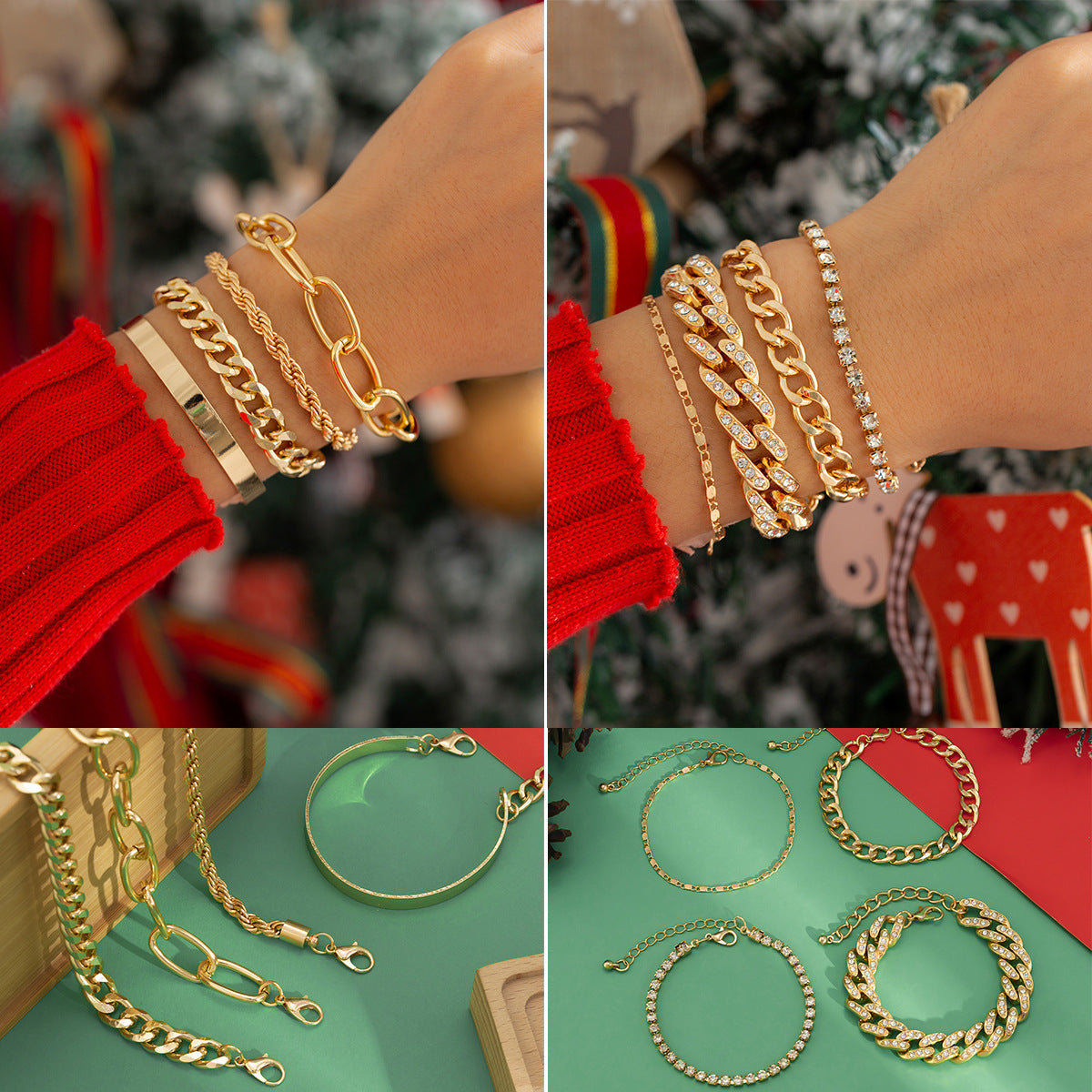 Bracciale a maglie cubane in lega con corda ritorta geometrica personalizzata con intarsio di strass da donna