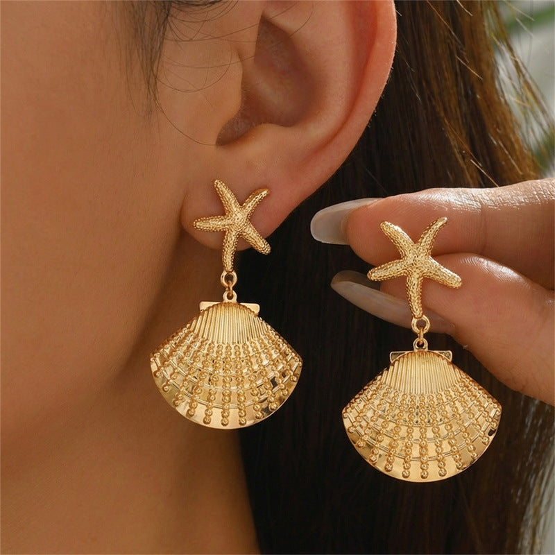 Vintage Geometric Starfish Shell Conch Pattern Plated Alloy Earrings for Women