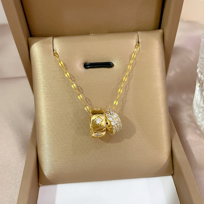 Minimalist Geometric Titanium Steel Necklace with Gold Plated Brass Pendant and Rhinestone Inlay
