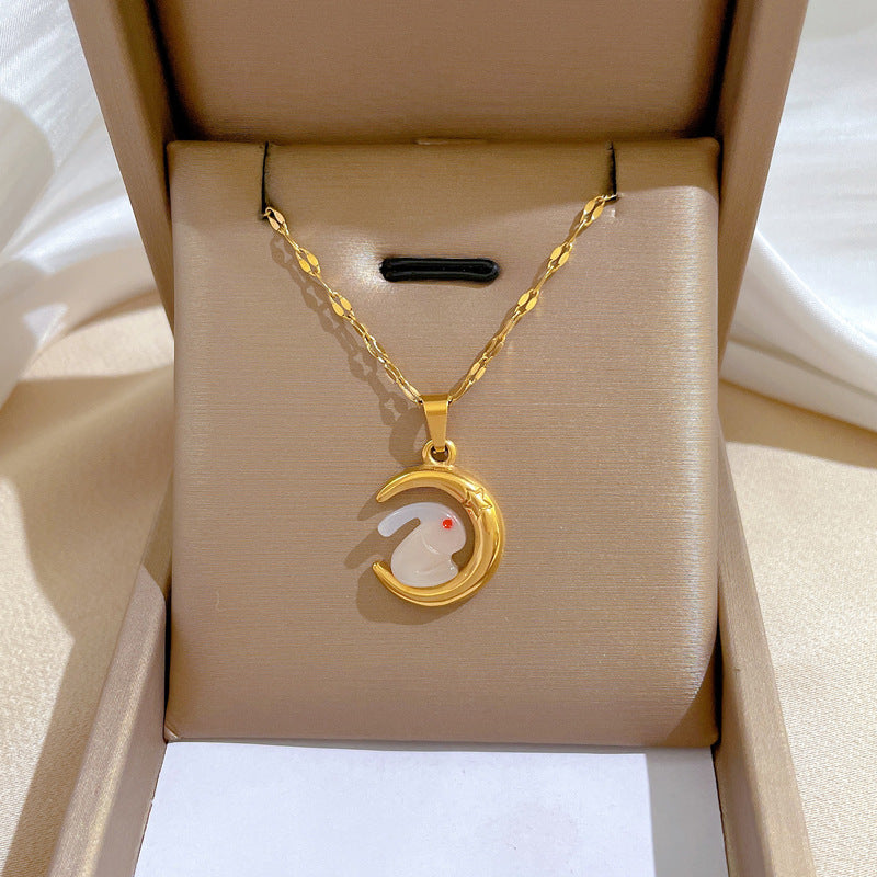 Collar con colgante minimalista de luna y conejo de acero de titanio para mujer, cadena con medallón geométrico, a la moda para la oficina
